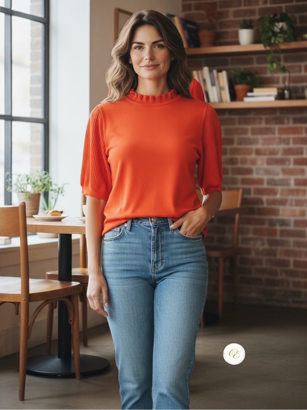 Adrianna Papell | Bright Orange Ruffle Neck | Short Sleeve Ribbed Top | Blouse